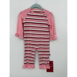 KicKee Pants Bamboo Pink Stripe Ruffle raglan Romper Size 3-6 Mo NWT